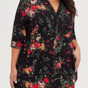 Torrid Emma Babydoll Crinkle Gauze Long Sleeve Tunic Top 2X Black Floral
